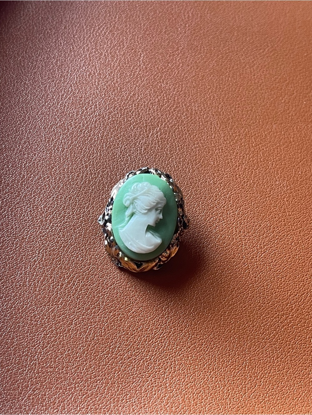 Vintage-Style Green Cameo Ring with Gold Filigree
